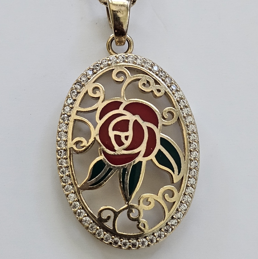 Elegant Gold and Red Rose Pendant Necklace and Earring Set
